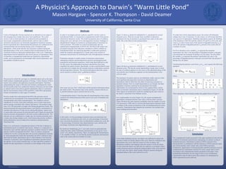 RESEARCH POSTER PRESENTATION DESIGN © 2015
www.PosterPresentations.com
A Physicist's Approach to Darwin’s “Warm Little Pond”
Cycles of biologically relevant reactions are an alternative to an origin of
life emerging from a steady state away from equilibrium. The cycles
involve a rate at which polymers are synthesized and accumulate in
microscopic compartments called protocells, and two rates in which
monomers and polymers are chemically degraded by hydrolytic reactions.
Recent experiments have demonstrated that polymers are synthesized from
mononucleotides and accumulate during cycles of hydration and
dehydration, which means that the rate of polymer synthesis during the
dehydrated phase of the cycle is balanced (but not dominated) by the rate
of polymer hydrolysis during the hydrated phase of the cycle. Furthermore,
depurination must be balanced by the reverse process of repurination. Here
we describe a computational model that was inspired by experimental
results, can be generalized to accommodate other reaction parameters, and
has qualitative predictive power.
Abstract
Introduction
In order to investigate polymer synthesis caused by wet-dry cycles in
hydrothermal fields, we constructed a computational model of the process
informed by laboratory results. The model incorporates rates of synthesis
during each cycle, and rates of two decomposition reactions: breakage of
phosphodiester linkages by hydrolysis and depurination of monomers as
well as polymers. The model was conceived analytically and was
implemented computationally in MATLAB. The MATLAB scripts were
developed using data from laboratory simulations of RNA synthesis in
hydrothermal fields; the underlying algorithm is sufficiently general to
model the synthesis and approach to a steady state of any mixture of
monomers and polymers by furnishing the code with appropriate constants.
Preliminary attempts to model systems of monomers and polymers
undergoing synthesis and decomposition reactions incorporated nested
summations and binomial expansions, which made them difficult to code.
For this reason, the mathematical structures reported here have been
simplified into matrix formats. Specifically, we have used Kirchhoff Loops
to provide novel insights into the interplay between condensation reactions
and decomposition reactions. The relevant information about the system
can be stored in a column vector s0
defined as follows:
This vector acts as a “box” which stores all the pertinent information about
the initial system. The polymer mass in the system is stored in the box as
P0
and the monomer mass is stored in the box as M0
.
A transformation matrix C then describes the transformation of the system
caused by the chemical processes that occur in one cycle of hydration and
dehydration.
In this matrix, h is the percentage of polymer mass converted back into
monomer mass via hydrolysis per cycle, m is the percentage of monomer
mass converted into polymer mass via dehydration synthesis per cycle, dm
is the percentage of monomer mass depurinated per cycle, and dp is the
percentage of polymer mass depurinated per cycle.
By iteratively multiplying s0
by C, new state vectors are generated that
contain the mass values of polymers and monomers at any given ”cycle
count” n (Pn
and Mn
respectively). That is, by applying the transformation
C an n-number of times, we can find the amount of polymer and monomer
mass in the system after an n-number of cycles.
Figure 1A shows s0
iteratively multiplied by Cp
and plotted for several
thousand cycles, which far exceeds what is possible in laboratory
simulations but may be pertinent to geological time scales on the early
Earth. This is the effect of only polymerization.
Figure 1B shows s0
iteratively multiplied by Ch
and plotted for several
thousand cycles. This has the system approaching a steady state in which
the rates of synthesis applied over the course of the dehydrated phase of the
cycle and the rate of hydrolysis applied over the hydrated phase of the
cycle are equal.
The monomers of nucleic acids are not indefinitely stable, and two of the
most significant decomposition reactions are depurination and
deamination, both of which have the effect of removing monomers as
potential reactants. Here we model depurination as an example, but other
degradative reactions could also be incorporated in the model.
Depurination was incorporated as shown in the equation below, and its
effect on monomer and polymer mass is illustrated in Figure 2A and 2B.
These figures are produced by iteratively multiplying the state vector by
the matrix C described in the Methods section.
For a small number of cycles (Figure 2A), the system asymptotically
approached a minimum polymer mass with a yield less than 2 percent.
Figure 2B shows the same reaction coordinates when the number of cycles
was increased to 5,000, and it is obvious that depurination ultimately leads
to collapse of the system as hydrolysis of the accumulated polymers forms
monomers. Depurination then degrades the monomers into products that
cannot undergo polymerization.
In the initial modeling exercise, one matrix was sufficient to express the
outcome in both wet and dry phases of the cycle. However, hydrolysis and
depurination only occur when the system is in the wet phase, and
dehydration synthesis only happens when the system is in the dry phase.
For this reason the matrix was split into two matrices; a wet matrix which
models chemical reactions during the hydrated phase of the cycle (referred
to as W) and a dry matrix which models chemical reactions during the
dehydrated phase of the cycle (referred to as D).
No matter how slowly depurination occurs, the system will ultimately
collapse due to loss of monomer. For this reason, we will assume that there
was a process of repurination. Modeling repurination requires the doubling
of the dimension of the Wet and Dry matrices W and D as well as the state
vector sn
in order to keep track of the amount of degraded monomer µn
as
well as the amount of degraded polymer πn
present in the system after an
n-number of cycles.
For D we introduce a new variable rm
to represent the monomer
repurination rate, that is, the percentage of degraded monomer µ that gets
converted back into monomer M during every dry phase. We also define
the variable rp
to represent the polymer repurination rate, that is, the
percentage of degraded polymer π that gets converted back into polymer P
during every dry phase.
Transforming the polymer vector from sn
to sn+1
now requires the following
operation:
where:
These operations, when iterated, produce the graphs shown in Figure 4.
Conclusion
The computational models presented in this paper qualitatively describe the
evolution of monomers and polymers undergoing wet and dry cycling in
hydrothermal pools. Dehydration synthesis of RNA polymers from
ribonucleotides in combination with the hydrolysis of RNA polymers back
into ribonucleotides yield a steady state yield of RNA polymers.
Furthermore, depurination of mononucleotides and RNA polymers must be
complimented by repurination reactions for such a steady state to form.
According to the computational models presented in this paper, if the
hydrothermal field theory for the origin of life is to be corroborated,
experimenters must be able to prove the existence of a mechanism by
which repurination can be achieved.
The process by which life can begin on a habitable planet such as the early
Earth remains a fundamental question of biology. A basic function of life is
nucleic acid synthesis and replication of genetic information. Therefore,
understanding the origin of life must also include a mechanism by which
the first nucleic acids were synthesized. Because ribozymes can serve both
as catalysts and to store and use genetic information, there is a consensus
that the most primitive forms of life used RNA, while DNA and proteins
became incorporated at a later stage of evolution.
Previous studies have demonstrated that RNA-like polymers can be
synthesized non-enzymatically from mononucleotides such as adenosine
monophosphate and uridine monophosphate. The conditions used are
simulations of wet-dry cycles that commonly occur in fresh water pools
and hot springs associated with volcanic land masses. The products range
from 10 to 100 nucleotides in length with linking phosphoester bonds. The
chemical potential driving polymerization is provided by concentration of
reactants and reduction of water activity during dehydration. Agents such
as monovalent salts promote the polymerization and if lipids are present the
polymers become encapsulated in cell-sized vesicles called protocells. The
polymers are not synthesized in a single step, but instead accumulate up to
a steady state during multiple cycles, which means that polymer synthesis
during dehydration must be balanced by hydrolysis during hydration.
Theoretical feat
Pearce et al. performed a computational analysis of the fate of adenine in
hydrothermal pools on prebiotic land masses. Adenine is a component of
ribonucleic acid, and their approach assumed a synthetic reaction by which
adenine could be incorporated into RNA. Here we analyze a proposed
synthesis by wet dry cycling that takes into account condensation reactions
by which phosphoester bonds link nucleotides into RNA, hydrolysis rates
that break the bonds, depurination rates in which adenine is lost from the
monomers or polymers, and a hypothetical repurination rate that restores
the adenine. Given certain assumed rates, we show that RNA synthesis is
feasible but that repurination is essential to avoid collapse of the system.
University of California, Santa Cruz
Mason Hargave - Spencer K. Thompson - David Deamer
Methods
 
