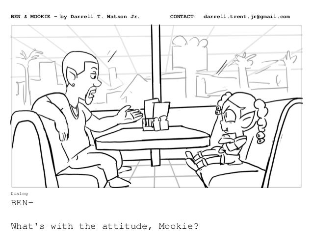 Dialog
BEN-
What's with the attitude, Mookie?
BEN & MOOKIE - by Darrell T. Watson Jr. CONTACT: darrell.trent.jr@gmail.com
 