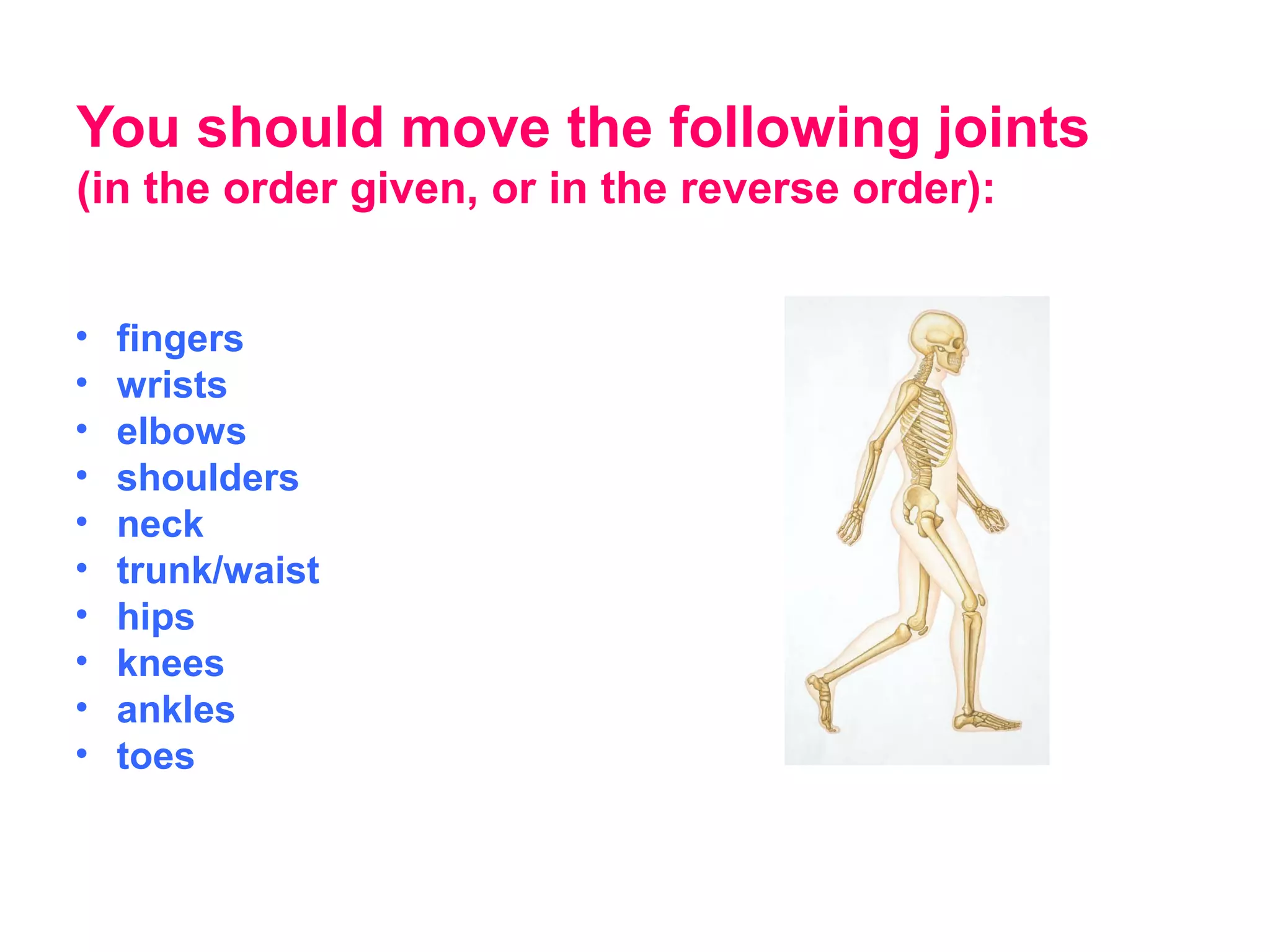 You should move the following joints
(in the order given, or in the reverse order):


•   fingers
•   wrists
•   elbows
•   shoulders
•   neck
•   trunk/waist
•   hips
•   knees
•   ankles
•   toes
 