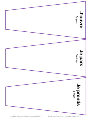 Accelerating learning through phonics Anne Mitchell PLN - 22nd October 2014 
J’ouvre 
I open 
Je fais 
Je pars 
I leave Je prends 
I take 
 