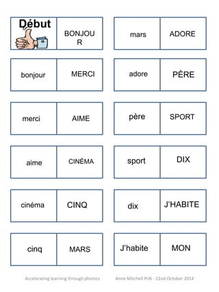 Début 
BONJOU 
R 
ADORE 
MERCI adore 
SPORT 
CINÉMA DIX 
J’HABITE 
MARS MON 
bonjour 
merci AIME 
aime 
cinéma 
cinq 
mars 
CINQ 
PÈRE 
père 
sport 
dix 
J’habite 
Accelerating learning through phonics Anne Mitchell PLN - 22nd October 2014 
 