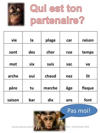 vie la plage car raison 
sont des cher rue temps 
mot six suis sac va 
arche oui chaud nez lit 
père tu marche âge flaque 
saison bar dix ans font 
Pas moi! 
Accelerating learning through phonics Anne Mitchell PLN - 22nd October 2014 
 