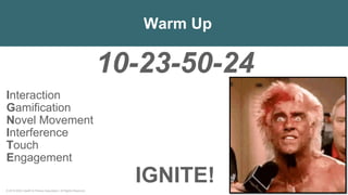 © 2018 IDEA Health & Fitness Association. All Rights Reserved.
Warm Up
10-23-50-24
Interaction
Gamification
Novel Movement
Interference
Touch
Engagement
IGNITE!
 