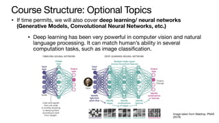 Course Structure: Optional Topics
• If time permits, we will also cover deep learning/ neural networks
(Generative Models, Convolutional Neural Networks, etc.)
• Deep learning has been very powerful in computer vision and natural
language processing. It can match human’s ability in several
computation tasks, such as image classification.
Image taken from Waldrop, PNAS
(2019)
 
