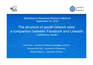 Workshop on Advanced Research Methods
                 September 30, 2010

    The structure of social network sites:
a comparison between Facebook and LinkedIn
                    – preliminary results –



       Ivana Pais – University of Brescia (pais@jus.unibs.it)
           Riccardo De Vita – University of Greenwich
               Roberto Marmo – University of Pavia



                                           Teaching excellence for over a hundred years
 