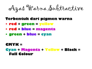 Azas Warna Subtractive
Terbentuk dari pigmen warna
• red + green = yellow
• red + blue = magenta
• green + blue = cyan
CMYK =
Cyan + Magenta + Yellow + Black =
Full Colour
 