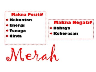 Merah
Makna Positif
Kekuatan
Energi
Tenaga
Cinta
Makna Negatif
Bahaya
Kekerasan
 