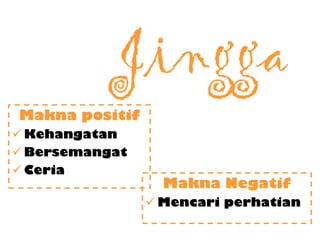 Jingga
Makna positif
 Kehangatan
 Bersemangat
 Ceria
Makna Negatif
 Mencari perhatian
 