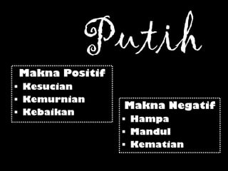 Putih
Makna Positif
 Kesucian
 Kemurnian
 Kebaikan
Makna Negatif
 Hampa
 Mandul
 Kematian
 