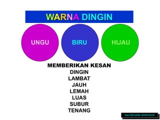 WARNA DINGIN
UNGU BIRU HIJAU
MEMBERIKAN KESAN
DINGIN
LAMBAT
JAUH
LEMAH
LUAS
SUBUR
TENANG
Han/DESAIN GRAFIS/09
 