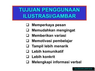  Memperkaya pesan
 Memudahkan mengingat
 Memberikan variasi
 Memotivasi pembelajar
 Tampil lebih menarik
 Lebih komunikatif
 Lebih konkrit
 Melengkapi informasi verbal
TUJUAN PENGGUNAAN
ILUSTRASI/GAMBAR
Han/DESAIN GRAFIS/09
 