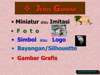  JENIS GAMBAR
• F o t o
• Miniatur atau Imitasi
• Bayangan/Silhouette
• Gambar Grafis
Han/DESAIN GRAFIS/09
• Simbol atau Logo
 
