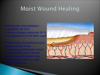 Kelembapan meningkatkan:
• epitelisasi 30-50%
• sintesa kolagen sebanyak 50 %
• re-epitelisasi 2-5 kali lebih cepat
Karakteristik penyembuhan luka
dengan prinsip moist:
• mengurangi kehilangan cairan
• memfasilitasi pertumbuhan
epitel pada permukaan luka
•Mengurangi inflamasi pada
permukaan luka
 