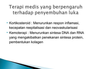  Kortikosteroid : Menurunkan respon inflamasi,
kecepatan reepitalisasi dan neovaskularisasi
 Kemoterapi : Menurunkan sintesa DNA dan RNA
yang mengakibatkan penekanan sintesa protein,
pembentukan kolagen
 
