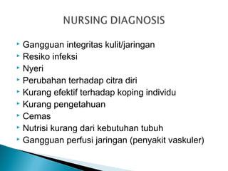  Gangguan integritas kulit/jaringan
 Resiko infeksi
 Nyeri
 Perubahan terhadap citra diri
 Kurang efektif terhadap koping individu
 Kurang pengetahuan
 Cemas
 Nutrisi kurang dari kebutuhan tubuh
 Gangguan perfusi jaringan (penyakit vaskuler)
 