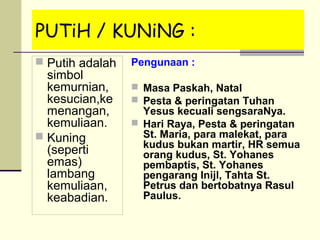 PUTiH / KUNiNG :
 Putih adalah
simbol
kemurnian,
kesucian,ke
menangan,
kemuliaan.
 Kuning
(seperti
emas)
lambang
kemuliaan,
keabadian.
Pengunaan :
 Masa Paskah, Natal
 Pesta & peringatan Tuhan
Yesus kecuali sengsaraNya.
 Hari Raya, Pesta & peringatan
St. Maria, para malekat, para
kudus bukan martir, HR semua
orang kudus, St. Yohanes
pembaptis, St. Yohanes
pengarang Inijl, Tahta St.
Petrus dan bertobatnya Rasul
Paulus.
 