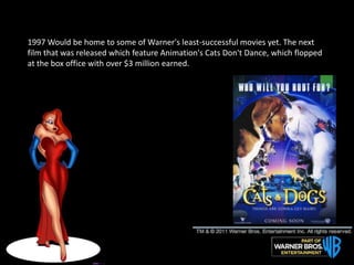 1997 Would be home to some of Warner's least-successful movies yet. The next
film that was released which feature Animation's Cats Don't Dance, which flopped
at the box office with over $3 million earned.
 