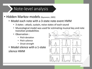 • Hidden Markov models [Ryynanen, 2005]
• Model each note with a 3-state note event HMM
• 3 states : attack, sustain, noise states of each sound
• Musicological model was used for estimating musical key and note
transition probabilities
• Observation :
• Pitch deviation
• Pitch salience
• Onset strength
• Model silence with a 1-state
silence HMM
Note-level analysis
 