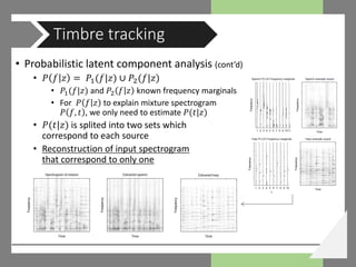 • Probabilistic latent component analysis (cont’d)
• 𝑃𝑃 𝑓𝑓 𝑧𝑧 = 𝑃𝑃1(𝑓𝑓|𝑧𝑧) ∪ 𝑃𝑃2(𝑓𝑓|𝑧𝑧)
• 𝑃𝑃1(𝑓𝑓|𝑧𝑧) and 𝑃𝑃2 𝑓𝑓 𝑧𝑧 known frequency marginals
• For 𝑃𝑃 𝑓𝑓 𝑧𝑧 to explain mixture spectrogram
𝑃𝑃 𝑓𝑓, 𝑡𝑡 , we only need to estimate 𝑃𝑃(𝑡𝑡|𝑧𝑧)
• 𝑃𝑃(𝑡𝑡|𝑧𝑧) is splited into two sets which
correspond to each source
• Reconstruction of input spectrogram
that correspond to only one
Timbre tracking
 