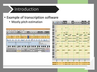• Example of transcription software
• Mostly pitch estimation
Introduction
 