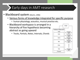 • Blackboard system [Martin, 1996]
• Various forms of knowledge integrated for specific purpose
• human physiology, acoustics, musical practice etc.
• Blackboard workspace is arranged in a
hierarchy of five hypothesis becoming
abstract as going upward
• Tracks, Partials, Notes, Intervals, Chords
Early days in AMT research
 