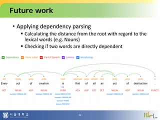 Future work
• Applying dependency parsing
 Calculating the distance from the root with regard to the
lexical words (e.g. Nouns)
 Checking if two words are directly dependent
24
 