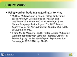 Future work
• Using word embeddings regarding antonymy
 M. Ono, M. Miwa, and Y. Sasaki, “Word Embedding-
based Antonym Detection using Thesauri and
Distributional Information,” In Proceedings of the
Human Language Technologies: The 2015 Annual
Conference of the North American Chapter of the ACL,
2015, pp. 984–989.
 J. Kim, M. De Marneffe, and E. Fosler-Lussier, “Adjusting
Word Embeddings with Semantic Intensity Orders,” In
Proceedings of the 1st Workshop on Representation
Learning for NLP, 2016, pp. 62–69.
25
 