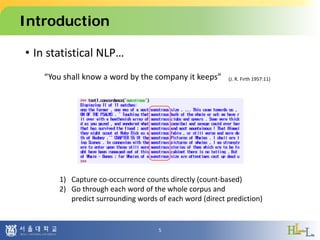 Introduction
• In statistical NLP…
5
“You shall know a word by the company it keeps” (J. R. Firth 1957:11)
1) Capture co-occurrence counts directly (count-based)
2) Go through each word of the whole corpus and
predict surrounding words of each word (direct prediction)
 