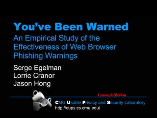 You’ve Been Warned An Empirical Study of the Effectiveness of Web Browser Phishing Warnings Serge Egelman Lorrie Cranor Jason Hong 