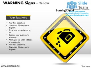 WARNING Signs – Yellow
                                       Burning Liquid

        Your Text Here
    •   Your Text Goes here
    •   Download this awesome
        diagram
    •   Bring your presentation to
        life
    •   Capture your audience’s
        attention
    •   All images are 100% editable
        in powerpoint
    •   Your Text Goes here
    •   Download this awesome
        diagram




www.slideteam.net                                       Your Logo
 