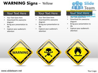 WARNING Signs – Yellow

      Your Text Here                   Your Text Here                   Your Text Here
  •   Your Text Goes here          •   Your Text Goes here          •   Your Text Goes here
  •   Download this awesome        •   Download this awesome        •   Download this awesome
      diagram                          diagram                          diagram
  •   Bring your presentation to   •   Bring your presentation to   •   Bring your presentation to
      life                             life                             life
  •   Capture your audience’s      •   Capture your audience’s      •   Capture your audience’s
      attention                        attention                        attention




            WARNING



www.slideteam.net                                                                             Your Logo
 