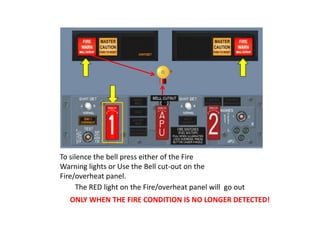 To silence the bell press either of the Fire
Warning lights or Use the Bell cut-out on the
Fire/overheat panel.
      The RED light on the Fire/overheat panel will go out
   ONLY WHEN THE FIRE CONDITION IS NO LONGER DETECTED!
 