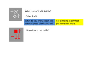What type of traffic is this?

Other Traffic.
What do you know about the         It is climbing at 500 feet
vertical speed of this aircraft?   per minute or more.

 How close is this traffic?
 