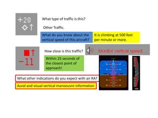 What type of traffic is this?

               Other Traffic.
               What do you know about the         It is climbing at 500 feet
               vertical speed of this aircraft?   per minute or more.

                How close is this traffic?
                 Within 25 seconds of
                 the closest point of
                 approach!

What other indications do you expect with an RA?
Aural and visual vertical manoeuvre information
 