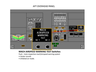 AFT OVERHEAD PANEL




MACH AIRSPEED WARNING TEST Switches
Push – tests respective mach/airspeed warning system
• clacker sounds
• inhibited air mode.
 
