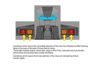Conditions which require the immediate attention of the crew are indicated by RED Warning
lights in the area of the pilots Primary field of vision.
These light indicate engine, wheel well, cargo or APU Fires. Auto pilot and Auto throttle
disconnects and Landing Gear unsafe conditions.
Conditions which require the timely attention of the crew are indicated by Amber
Caution lights.
 