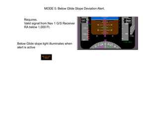 MODE 5: Below Glide Slope Deviation Alert.


     Requires.
     Valid signal from Nav 1 G/S Receiver
     RA below 1,000 Ft.




Below Glide slope light illuminates when
alert is active
 