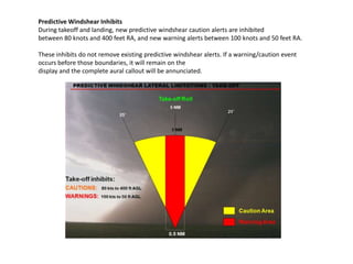 Predictive Windshear Inhibits
During takeoff and landing, new predictive windshear caution alerts are inhibited
between 80 knots and 400 feet RA, and new warning alerts between 100 knots and 50 feet RA.

These inhibits do not remove existing predictive windshear alerts. If a warning/caution event
occurs before those boundaries, it will remain on the
display and the complete aural callout will be annunciated.
 