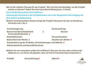 Wie ist die zeitliche Planung für das Projekt? Wie viel Zeit wird benötigt, um das Projekt
starten zu können? Geben Sie eine kurze Beschreibung (max. 5 Linien).
Kauf und Beratung durch eine Fachfirma.
Schulung des Personals in der Vor/Nachsaison um in der Hauptsaison den Umgang mit
dem System zu beherrschen.
Welche Vorteile/welchen Gewinn bringt das Projekt? Bewerten Sie die verschiedenen
Varianten von 1 bis 5:
Umsatzsteigerung: Kostensenkung:
Bessere Kundenzufriedenheit: 1 Bessere
Personalzufriedenheit: 5
Arbeitsfehlzeiten: Personalrotation:
Bekanntheit der Marke: 3 Ansehen der Marke: 4
Standardisierung der Produkte, Serviceleistungen und Abläufe: 2
Arbeitssicherheit und Gesundheitsschutz:
Welche Art von Innovation wollen Sie einführen? (Kreuzen Sie eine oder mehrere der
Optionen an, von denen Sie glauben, dass sie Ihrem Innovationstyp entsprechen.)
Produkt Serviceleistung X Ablauf X
 