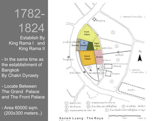 1782-
1824
Establish By
King Rama I and
King Rama II
- In the same time as
the establishment of
Bangkok
By Chakri Dynasty
- Locate Between
The Grand Palace
and The Front Palace
- Area 60000 sqm.
(200x300 meters..)
Grand
Palace
Temple
Front
Palace
Granary
Right
Palace
Armory
S a n a m L u a n g : T h e R o y a
 