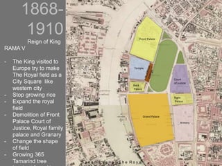 1868-
1910
Reign of King
RAMA V
- The King visited to
Europe try to make
The Royal field as a
City Square like
western city
- Stop growing rice
- Expand the royal
field
- Demolition of Front
Palace Court of
Justice, Royal family
palace and Granary
- Change the shape
of field
- Growing 365
Tamarind tree
Front Palace
Grand Palace
Right
Palace
Back
Palace
Court
of Justice
Temple
Armory
S a n a m L u a n g : T h e R o y a
 