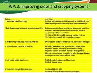 WP: 3: Improving crops and cropping systems
Output
1. Improved food/feed crops

Activities
Review and report past IITA research on food-feed crops
Identify and promotion dual-purpose/food feed crops

2.Best-bet crop varieties and agronomic practices

Evaluate combinations of crop and agronomic practices
Establish partnerships to produce seed for on-farm
Assess vegetable seed systems
Test intensified vegetable mono cropping systems
Test cereal-vegetable intercropping systems

3. Better integrated crop-livestock systems

Develop and test crop and livestock production strategies

4. Strengthened capacity of partners

Organize a workshop on crop-livestock integration
Organize a short course on experimental design
Organize a short course on business management
Organize training on vegetable production/post-harvest
Arrange inter and intra-regional visits

5. Increased public awareness

Publish project reports and brochures
Publish journal paper

6. Impact of interventions assessed

Assess adoption rate
Assess economic and environmental impact

 
