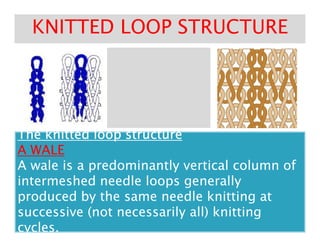 KNITTED LOOP STRUCTUREKNITTED LOOP STRUCTURE
The knitted loop structureThe knitted loop structureThe knitted loop structureThe knitted loop structureThe knitted loop structureThe knitted loop structureThe knitted loop structureThe knitted loop structureThe knitted loop structureThe knitted loop structureThe knitted loop structureThe knitted loop structureThe knitted loop structureThe knitted loop structureThe knitted loop structureThe knitted loop structure
A WALEA WALE
A wale is a predominantly vertical column ofA wale is a predominantly vertical column of
intermeshed needle loops generallyintermeshed needle loops generally
produced by the same needle knitting atproduced by the same needle knitting at
successive (not necessarily all) knittingsuccessive (not necessarily all) knitting
cycles.cycles.
 