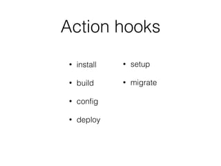 Action hooks
• pre-build
• build-env
• build
• deploy-env
• deploy-cfg
• deploy
• setup
• migrate
• verify
• ready
• alive
 