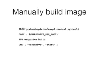 Manually build image
FROM grahamdumpleton/warp0-centos7-python34
COPY . ${WARPDRIVE_SRC_ROOT}
RUN warpdrive build
CMD [ "warpdrive", "start" ]
 