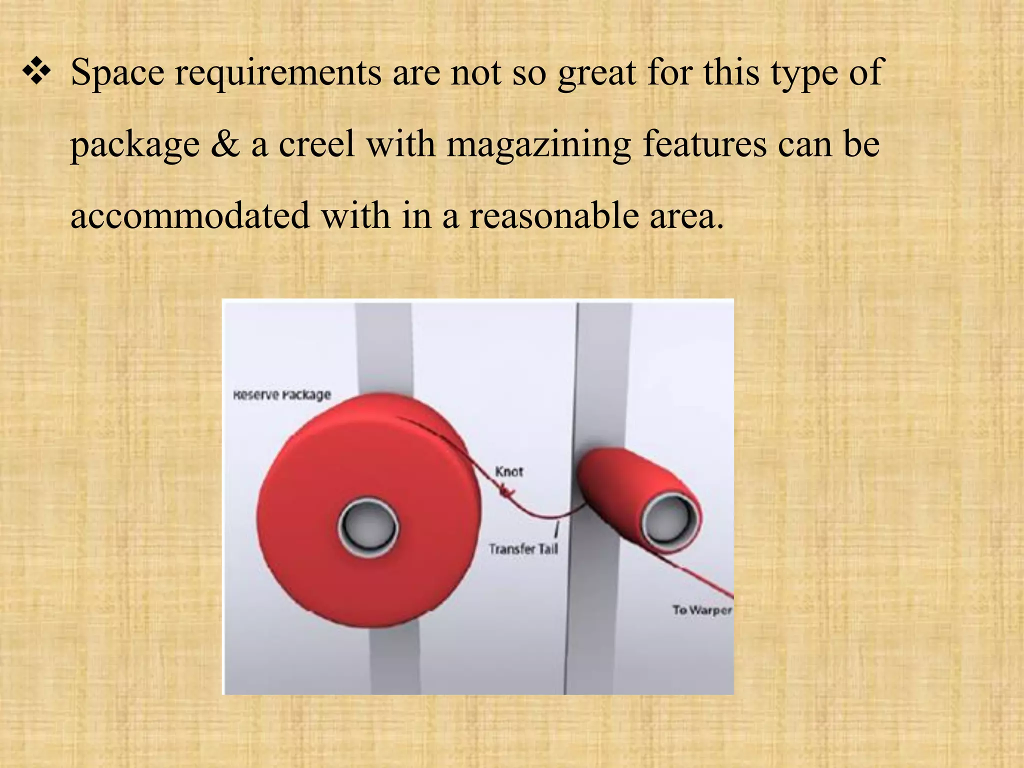  Space requirements are not so great for this type of
package & a creel with magazining features can be
accommodated with in a reasonable area.
 