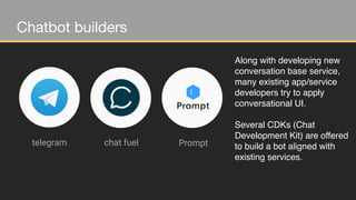 Chatbot builders
telegram chat fuel Prompt
Along with developing new
conversation base service,
many existing app/service
developers try to apply
conversational UI.
Several CDKs (Chat
Development Kit) are offered
to build a bot aligned with
existing services.
 