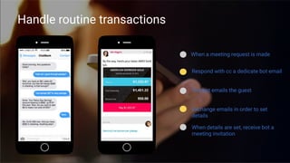 Handle routine transactions
The bot emails the guest
When a meeting request is made
Exchange emails in order to set
details
Respond with cc a dedicate bot email
When details are set, receive bot a
meeting invitation
 