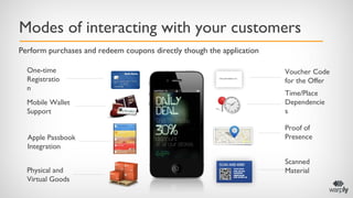 Modes of interacting with your customers
One-time
Registratio
n
Physical and
Virtual Goods
Apple Passbook
Integration
Vouc...