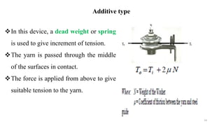 Additive type
In this device, a dead weight or spring
is used to give increment of tension.
The yarn is passed through the middle
of the surfaces in contact.
The force is applied from above to give
suitable tension to the yarn.
14
 